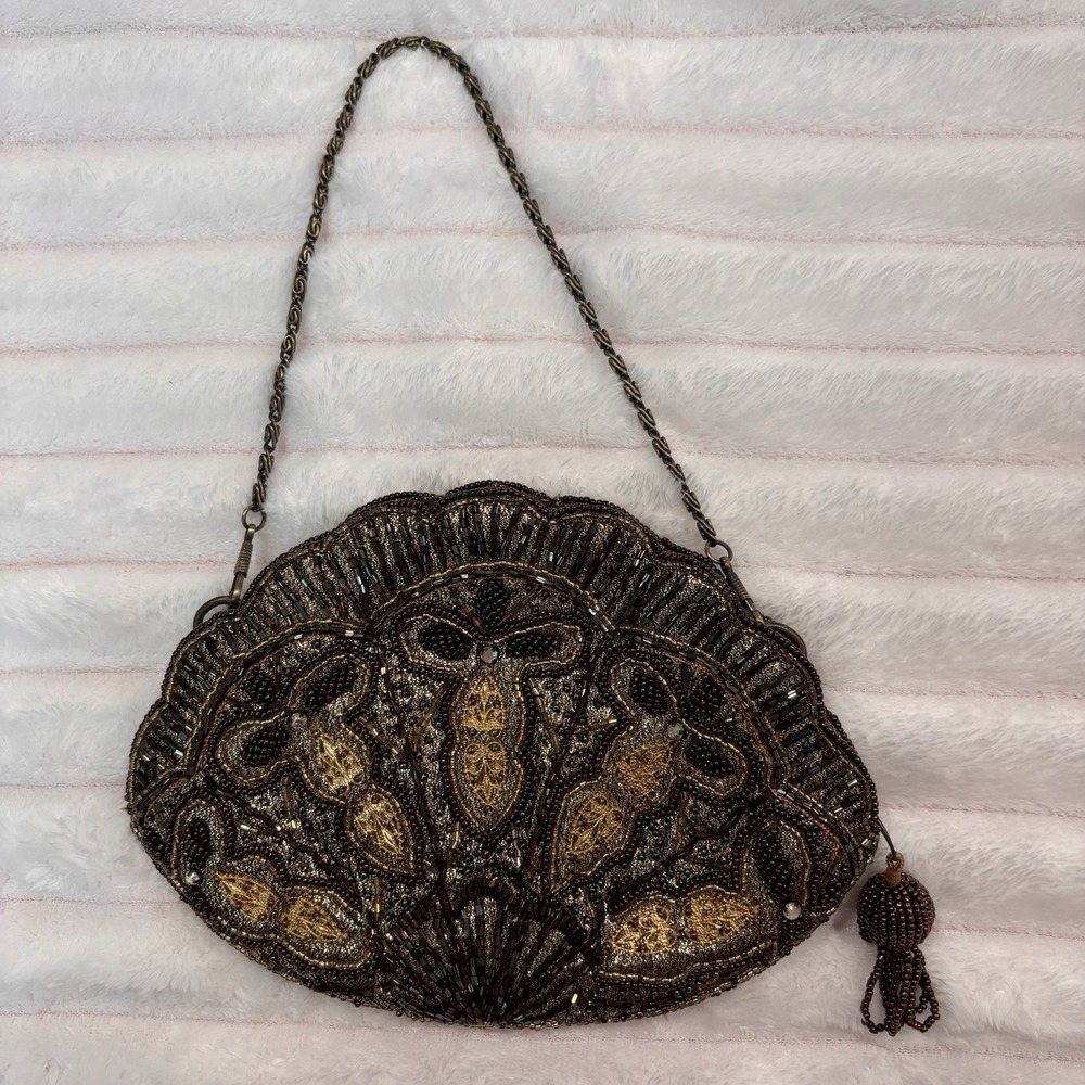 Vintage Beaded Evening Purse Brown Gold Tones Rhinestones Scalloped Gorgeous
